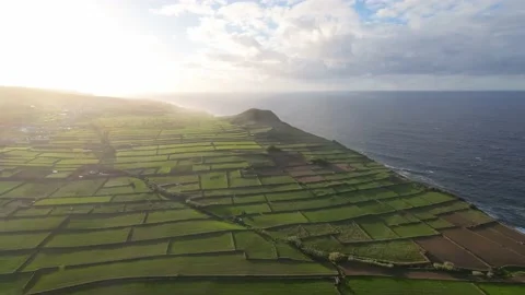 Aerial view flight over fields land  and atlantic ocean Island Azores Stock Footage 221561023