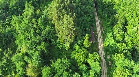 AERIAL view. Flight over forest railway in mountains  Video stock 54621788