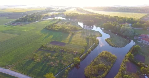 Aerial View. Flight over a green grassy fields - 010 Vídeo Stock 77571570