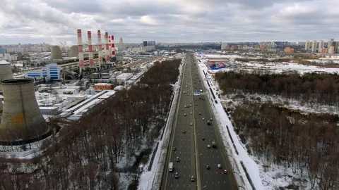 Aerial view flight over high-speed road with moving cars Stock Footage 123602561