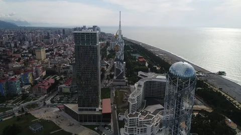 Aerial view. Flight over the highest towers and skyscrapers of Batumi. 스톡 동영상 90863239