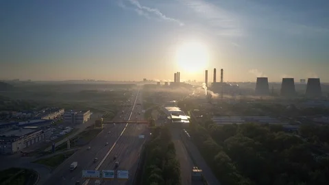 Aerial view. Flight over a huge highway in the early morning at dawn. Stock-Footage 91546965
