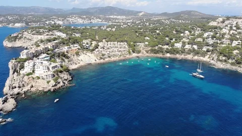 Aerial view, Flight over Islas Malgrats and the Santa Ponca area, Mallorca, S Stock Footage 100078537