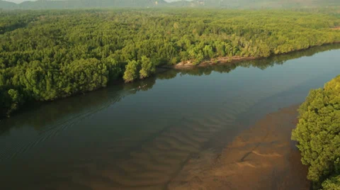 Aerial View: Flight over Krabi river mangrove forest, Southern Thailand Stock Footage 37130553