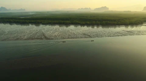 Aerial View: Flight over Krabi river mangrove forest, Southern Thailand Stock Footage 37329176