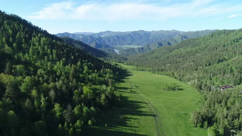 Aerial View. Flight over the Mountain Valley. Sunny summer time [Altai. Siberia] Stock Footage 91679010