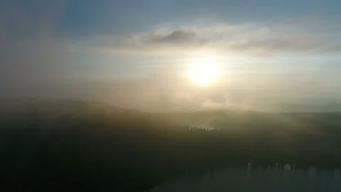 Aerial View. Flight over the Mountain Valley. Evenibg fog [Altai. Siberia] 動画素材 92563642