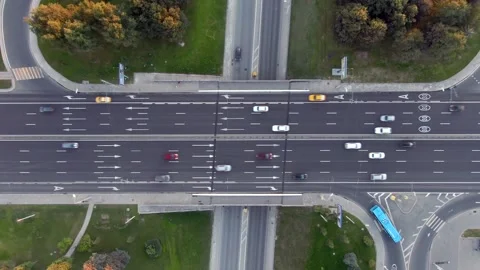 Aerial view flight over a multi-level transport interchange in Moscow at sunset. Video stock 137985664
