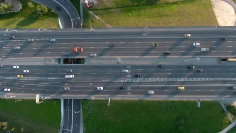Aerial view flight over a multi-level transport interchange in Moscow at sunset. Stock Footage 137985689