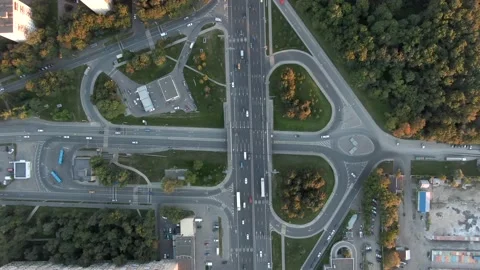 Aerial view flight over a multi-level transport interchange in Moscow at sunset. Stock Footage 137986106
