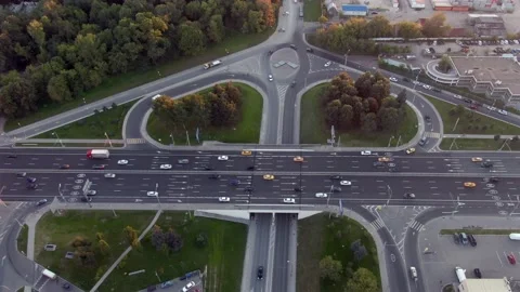 Aerial view flight over a multi-level transport interchange in Moscow at sunset. Stock Footage 137986130