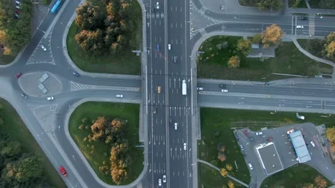 Aerial view flight over a multi-level transport interchange in Moscow at sunset. Video stock 137986143