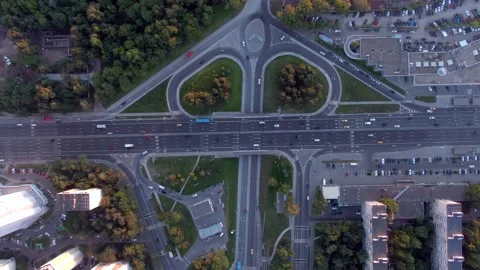 Aerial view flight over a multi-level transport interchange in Moscow at sunset. Stock Footage 137986304
