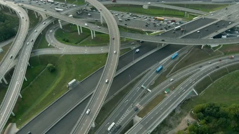 Aerial view flight over a multi-level transport interchange in Moscow at sunset. Stock Footage 138070952