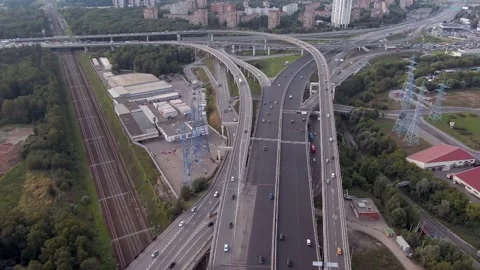 Aerial view flight over a multi-level transport interchange in Moscow at sunset. Video stock 138071000