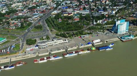 Aerial view. Flight over the Riverport of Barnaul City. The Ob river. Stock Footage 35302103
