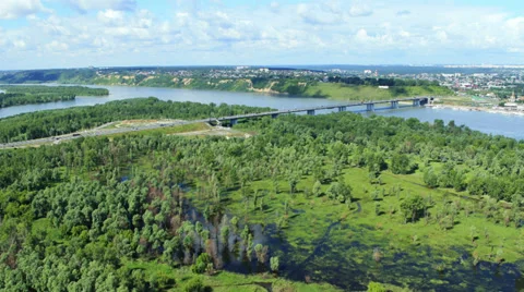 Aerial view. Flight over the Riverport of Barnaul City. The Ob river. Stock Footage 35302383