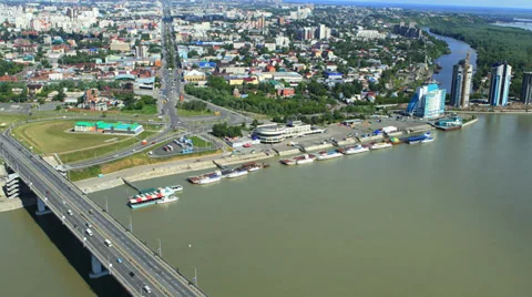 Aerial view. Flight over the Riverport of Barnaul City. The Ob river. Stock Footage 35302476