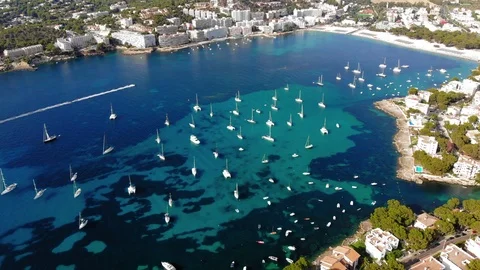 Aerial view, flight over Santa Ponca and the marina, Calvia, Mallorca, Spain Stock Footage 100638985