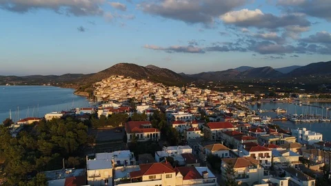 Aerial view. Flight over small beautiful town Ermioni in the sunny morning.  스톡 동영상 98165758