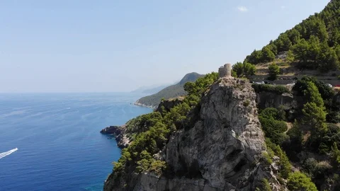 Aerial view, Flight over west coast, Tramuntana mountains, Torre del Verger Stock Footage 97385902
