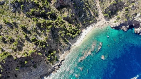 Aerial view, Flight over west coast, Tramuntana mountains, Torre del Verger Stock Footage 97386157