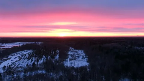 Aerial view flight over winter forest in twilight. Video stock 122688053