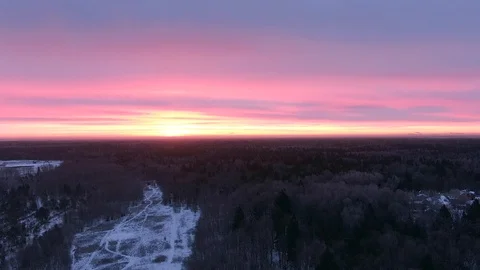 Aerial view flight over winter forest in twilight. Beautiful natural landscape Video stock 122689065