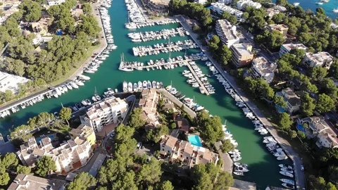 Aerial view, flight to Santa Ponca and the marina, Mallorca, Spain Stock Footage 100063607