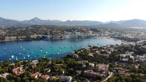 Aerial view, flight to Santa Ponca and the marina, Mallorca, Spain Stock Footage 100064355