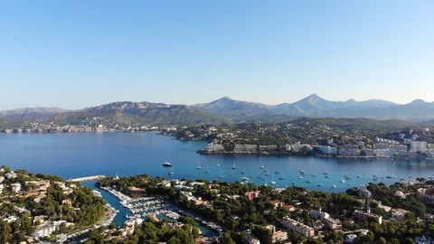 Aerial view, flight to Santa Ponca and the marina, Mallorca, Spain Stock Footage 100065091