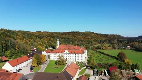 Aerial view, flight at  Schftlarn monastery, Isar valley, Upper Bavaria, Bava Stock Footage 181424989