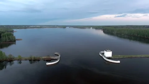 Aerial view flight at sunset above the river. Video stock 154226902