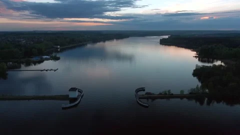 Aerial view flight at sunset above the river. Video stock 154226903
