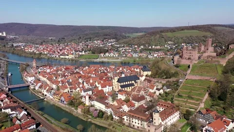 Aerial view, flight at Wertheim with castle, river Main and Tauber, Baden-Wrt Stock Footage
