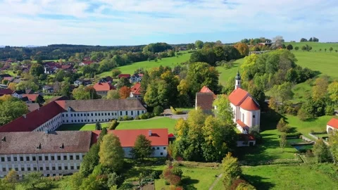 Aerial view, flight at Wessobrunn Monastery, Pfaffenwinkel, Upper Bavaria, Ba Stock Footage 183127752