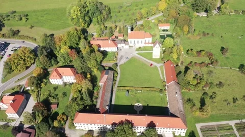 Aerial view, flight at Wessobrunn Monastery, Pfaffenwinkel, Upper Bavaria, Ba Stock Footage 183128692