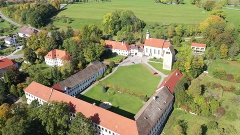 Aerial view, flight at Wessobrunn Monastery, Pfaffenwinkel, Upper Bavaria, Ba Stock Footage 183129107