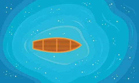 Aerial View of Floating Boat Centered in Vast Blue Water Ocean Lake Stock Illustration
