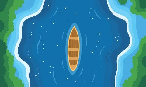 Aerial View of Floating Boat Centered in Vast Blue Water Ocean Lake Stock Illustration