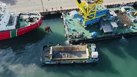Aerial view floating crane at the pier, workers cleaning the barge Stock Footage 232476029