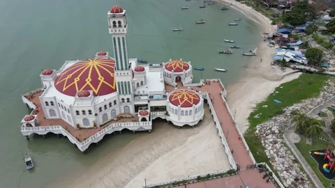 Aerial view of floating mosque in Tanjung Bungah Stock Footage 150197260