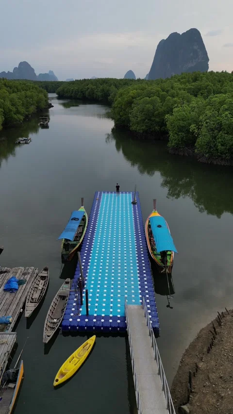 Aerial View of Floating Pier in Phang Nga, Thailand Stock Footage 335254402