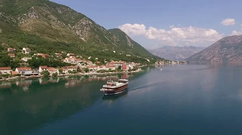 Aerial view of a floating ship on the Bay of Kotor in Montenegro Stock Footage 100771002