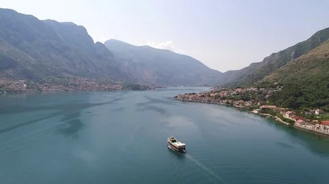 Aerial view of a floating ship on the Bay of Kotor in Montenegro Stock Footage 100771057