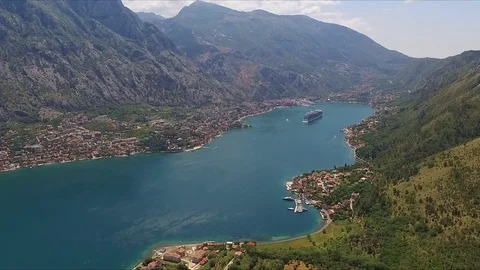 Aerial view of a floating ship on the Bay of Kotor in Montenegro Stock Footage 107742253