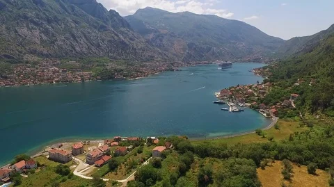 Aerial view of a floating ship on the Bay of Kotor in Montenegro Stock Footage 107742268
