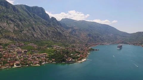 Aerial view of a floating ship on the Bay of Kotor in Montenegro Stock Footage 107742406