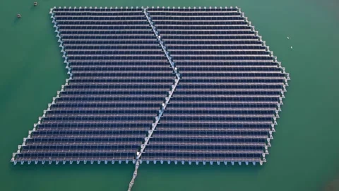 Aerial view of floating solar farm in Bensheim, Germany. Stock Footage 340208932