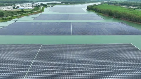 Aerial view of floating solar technology installed on a reservoir. Stock Footage 340134845